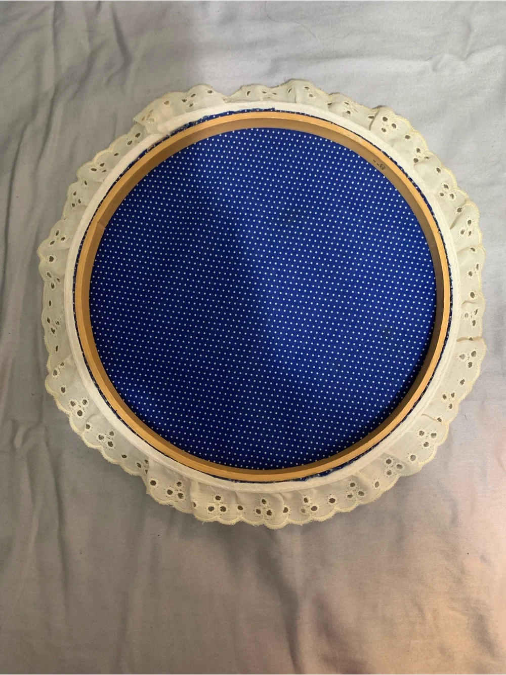 Vintage Handmade Embroidery Hoop Wall Art Blue Cottagecore Lace Folk Decor